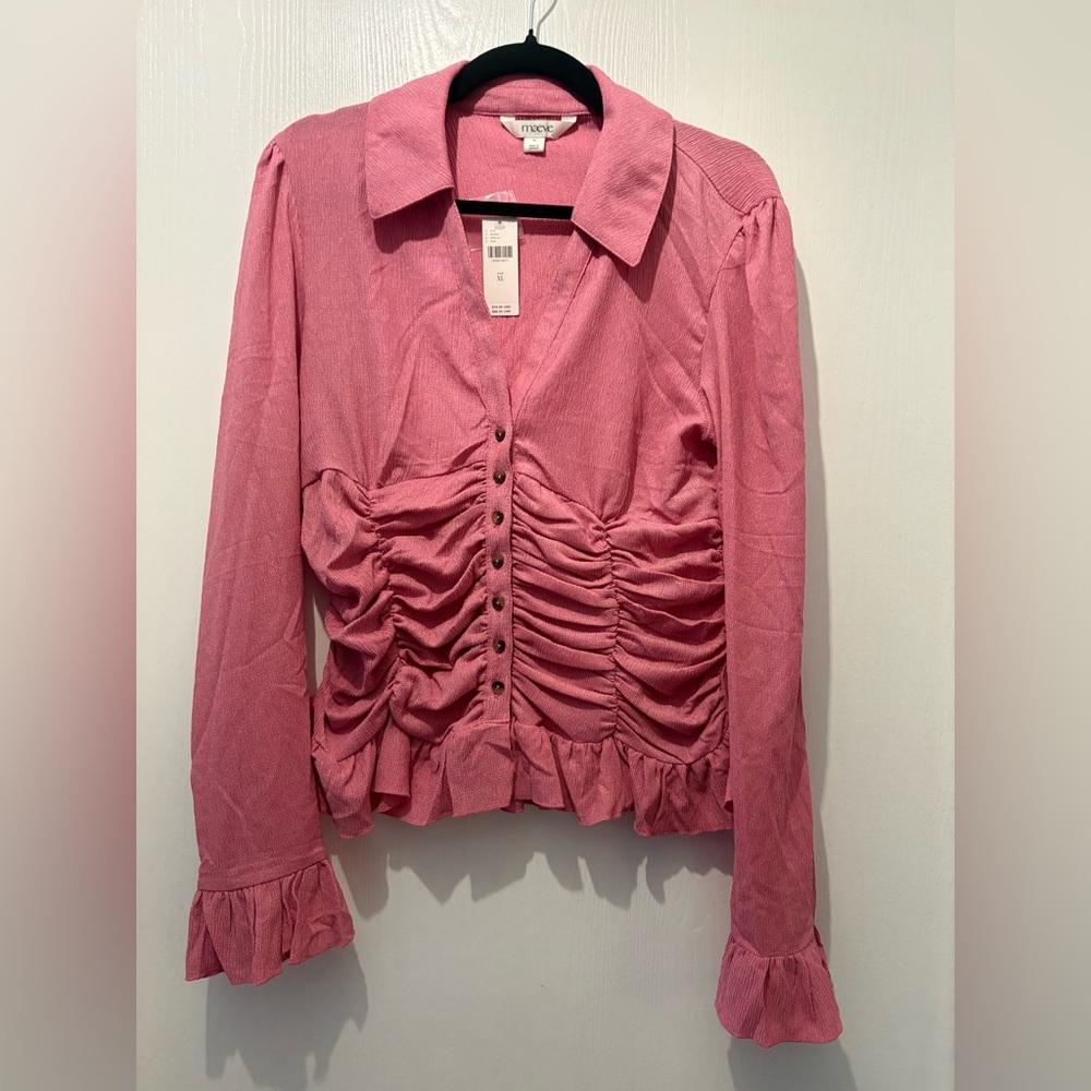 Pink Ruched Button-Front Long Sleeve Top by Maeve, from Abercrombie, XL